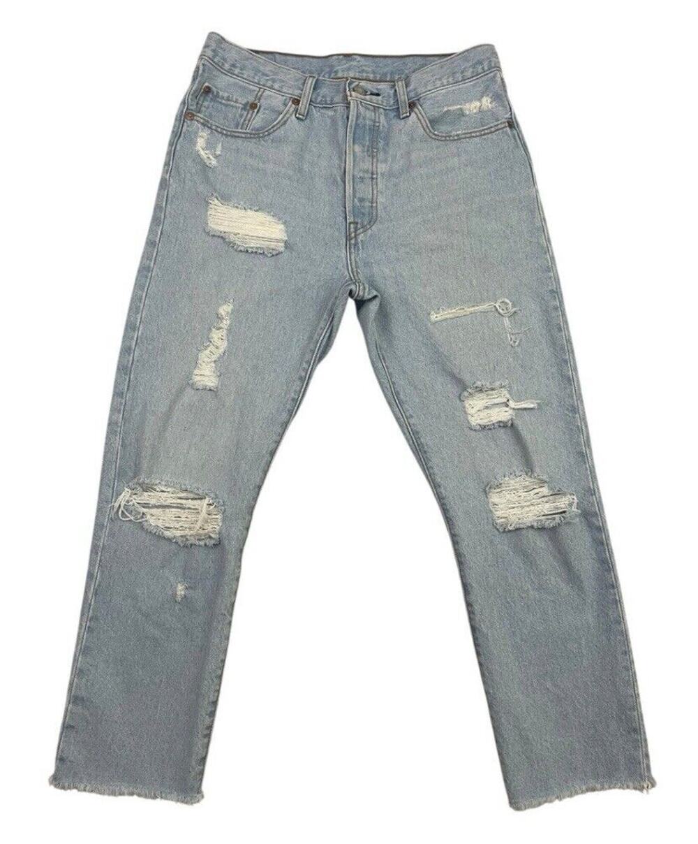 Levis 501 Jeans Womens 29X26 Blue High Rise Button Fly Crop Distressed Denim